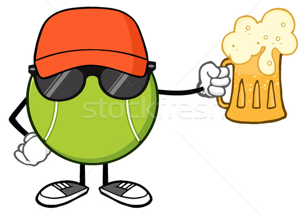 Tennis Ball Faceless Cartoon Mascot Character With Hat And Sunglasses Holding A Beer Stock photo © hittoon