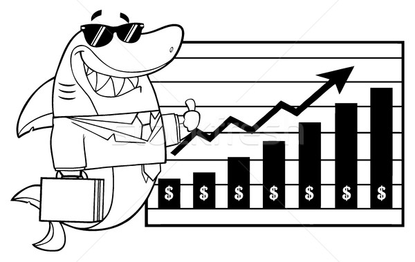 Black And White Smiling Business Shark Cartoon Mascot Character Holding A Thumb Up To A Presentation Stock photo © hittoon