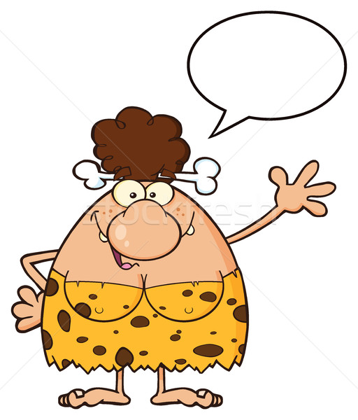 Happy Brunette Cave Woman Cartoon Mascot Character Talking And Waving For Greeting Stock photo © hittoon