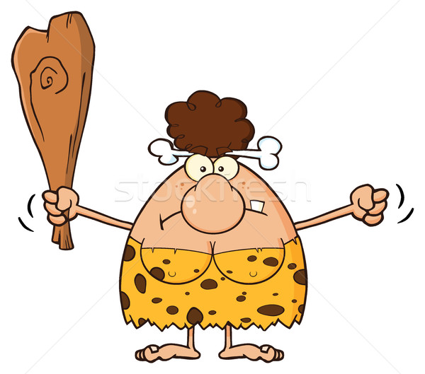 Grumpy Brunette Cave Woman Cartoon Mascot Character Holding Up A Fist And A Club Stock photo © hittoon