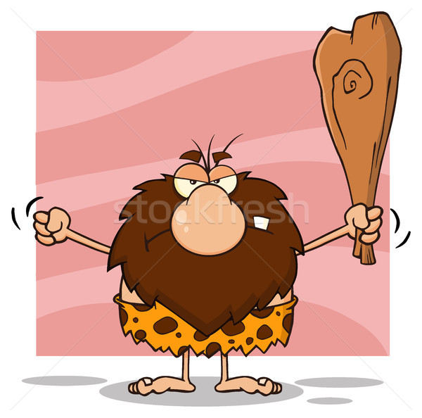 Grumpy Male Caveman Cartoon Mascot Character Holding Up A Fist And A Club Stock photo © hittoon