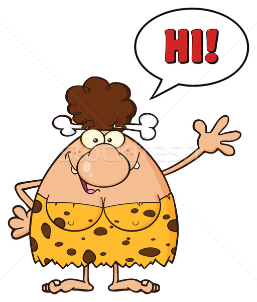 Happy Brunette Cave Woman Cartoon Mascot Character Waving And Saying Hi Stock photo © hittoon