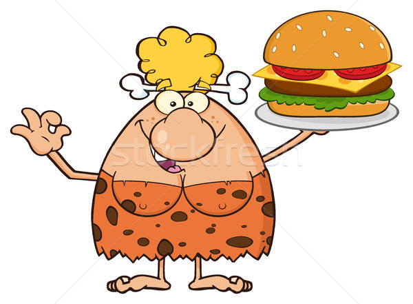 Cave Blonde Woman Cartoon Mascot Character Holding A Big Burger And Gesturing Ok Stock photo © hittoon