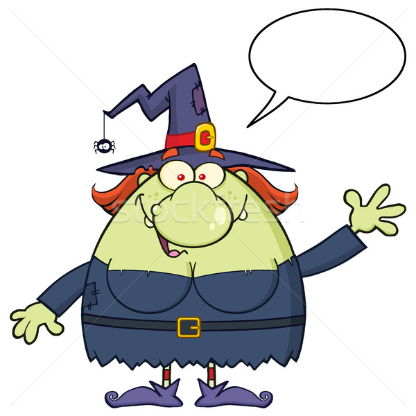 Ugly Witch Cartoon Mascot Character Waving With Speech Bubble Stock photo © hittoon