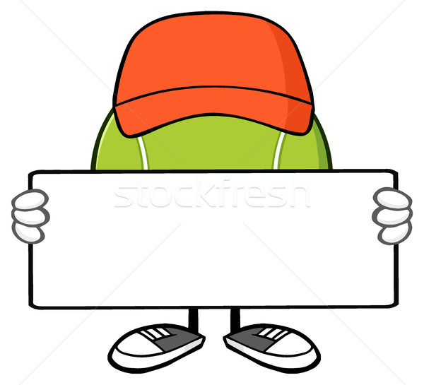 Tennis Ball Faceless Cartoon Mascot Character With Hat Holding A Blank Sign Stock photo © hittoon