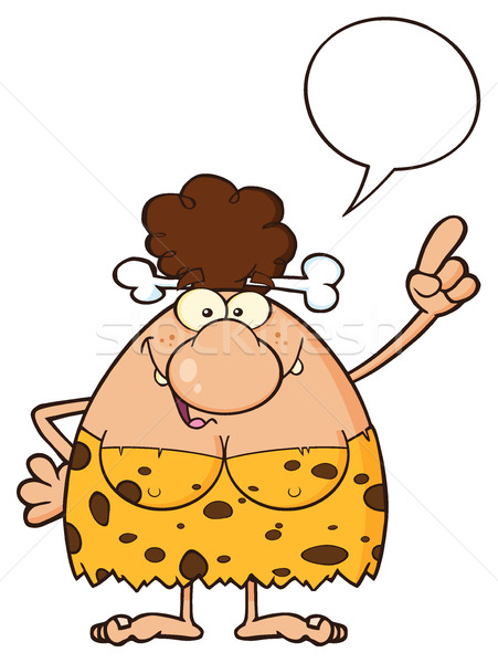 Stock photo: Happy Brunette Cave Woman Cartoon Mascot Character Pointing With Speech Bubble