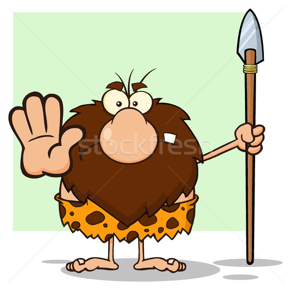 Angry Male Caveman Hunter Cartoon Mascot Character Gesturing And Standing With A Spear Stock photo © hittoon