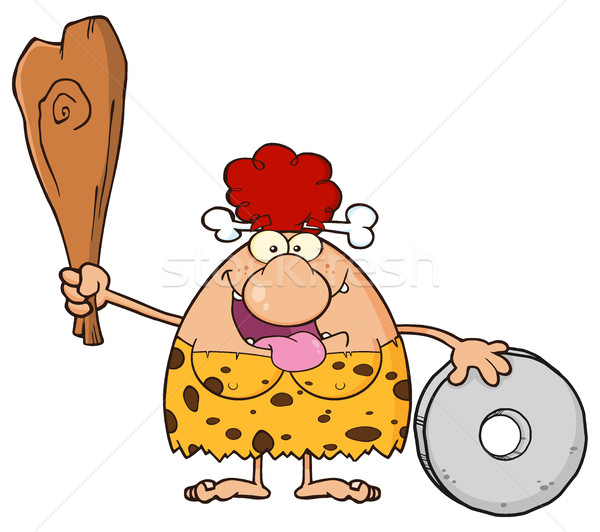 Happy Red Hair Cave Woman Cartoon Mascot Character Holding A Club And Showing Wheel Stock photo © hittoon