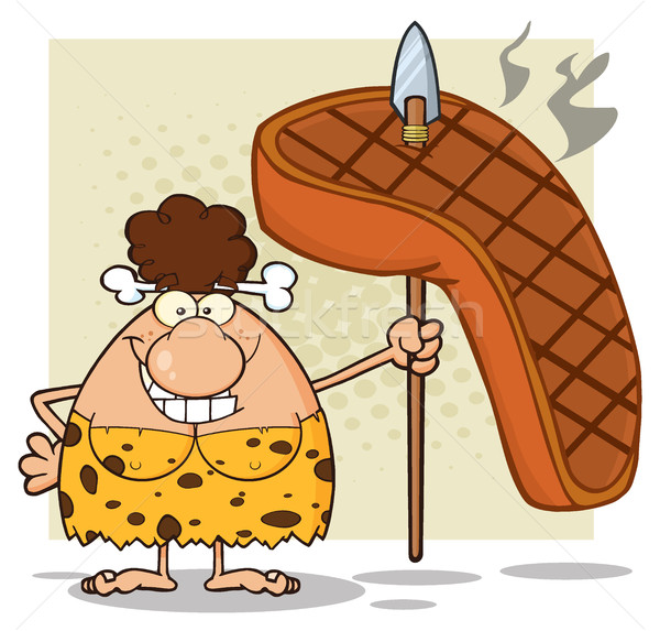 Happy Brunette Cave Woman Cartoon Mascot Character Holding A Spear With Big Grilled Steak Stock photo © hittoon