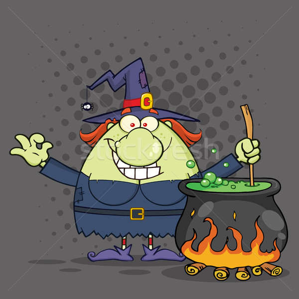 Ugly Halloween Witch Cartoon Mascot Character Preparing A Potion In A Cauldron Stock photo © hittoon
