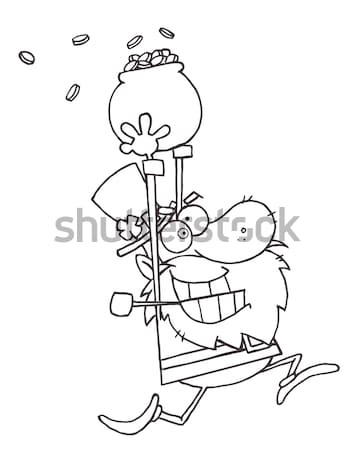 Black And White Smiling Cave Woman Cartoon Mascot Character Holding A Spear With Big Grilled Steak Stock photo © hittoon