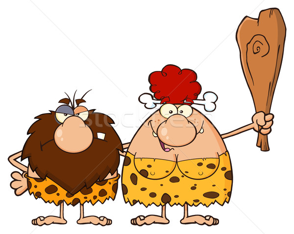 Stock photo: Caveman Couple Cartoon Mascot Characters With Red Hair Woman Holding A Club