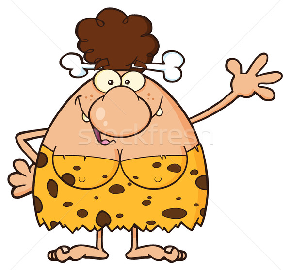 Happy Brunette Cave Woman Cartoon Mascot Character Waving For Greeting. Stock photo © hittoon