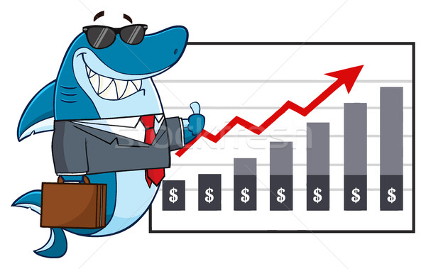 Smiling Business Shark Cartoon Mascot Character Holding A Thumb Up To A Presentation Board With A Gr Stock photo © hittoon