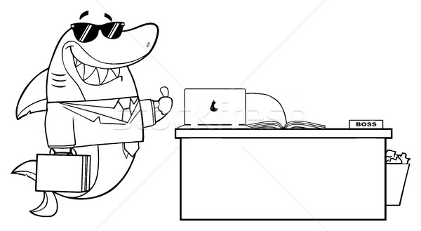 Black And White Smiling Business Shark Cartoon Mascot Character Holding A Thumb Up By An Office Desk Stock photo © hittoon