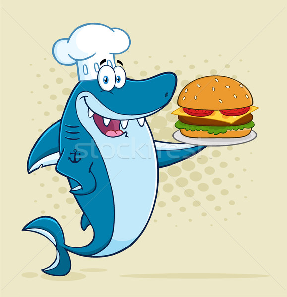 Chef Blue Shark Cartoon Mascot Character Holding A Big Burger Stock photo © hittoon
