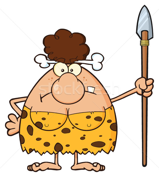 Angry Brunette Cave Woman Cartoon Mascot Character Standing With A Spear Stock photo © hittoon
