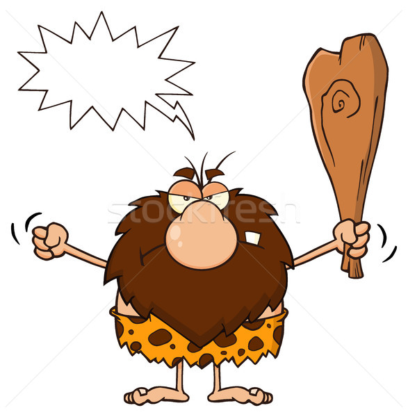 Grumpy Male Caveman Cartoon Mascot Character Holding Up A Fist And A Club Stock photo © hittoon
