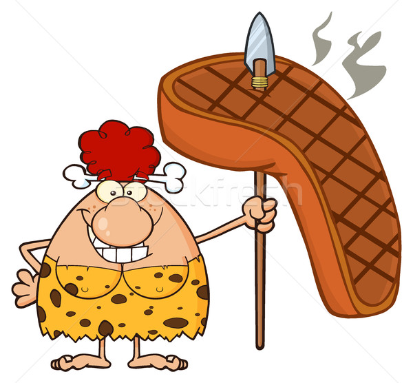 Smiling Red Hair Cave Woman Cartoon Mascot Character Holding A Spear With Big Grilled Steak Stock photo © hittoon