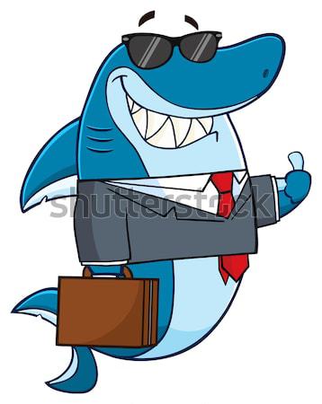 Smiling Shark Gangster Cartoon Mascot Character Carrying A Briefcase Holding A Big Gun And Smoking A Stock photo © hittoon