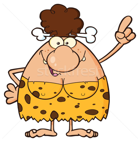 Stock photo: Smiling Brunette Cave Woman Cartoon Mascot Character Pointing