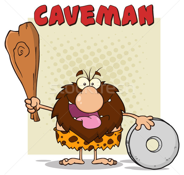 Happy Male Caveman Cartoon Mascot Character Holding A Club And Showing Wheel Stock photo © hittoon