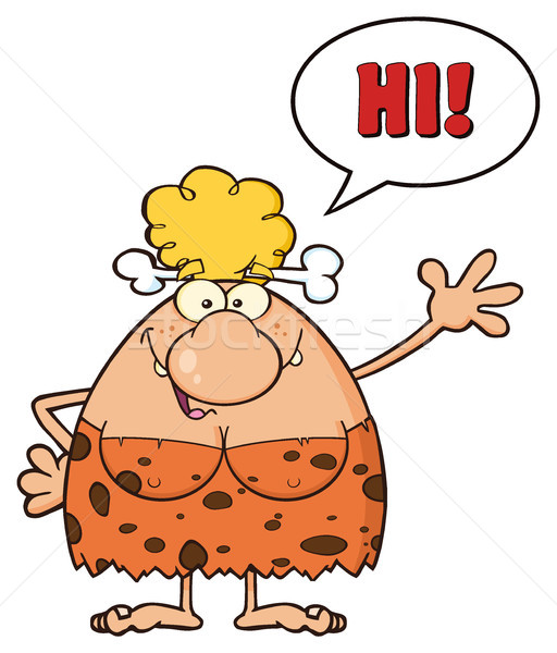 Happy Blonde Cave Woman Cartoon Mascot Character Waving And Saying Hi Stock photo © hittoon