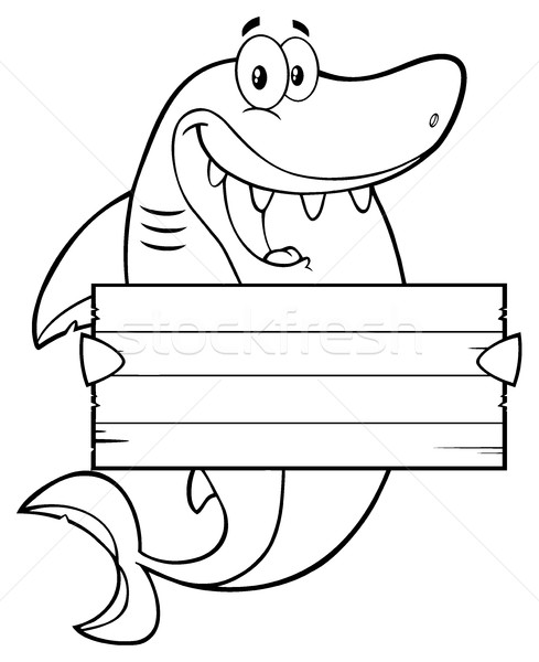 Black And White Happy Shark Cartoon Mascot Character Holding A Wooden Blank Sign Stock photo © hittoon