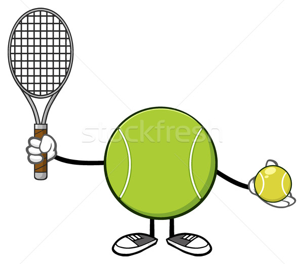 Tennis Ball Faceless Player Cartoon Mascot Character Holding A Tennis Ball And Racket Stock photo © hittoon