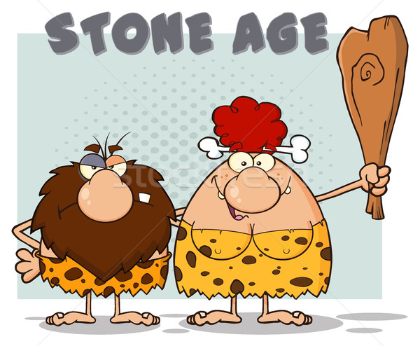 Caveman Couple Cartoon Mascot Characters With Red Hair Woman Holding A Club And Text Stone Age Stock photo © hittoon