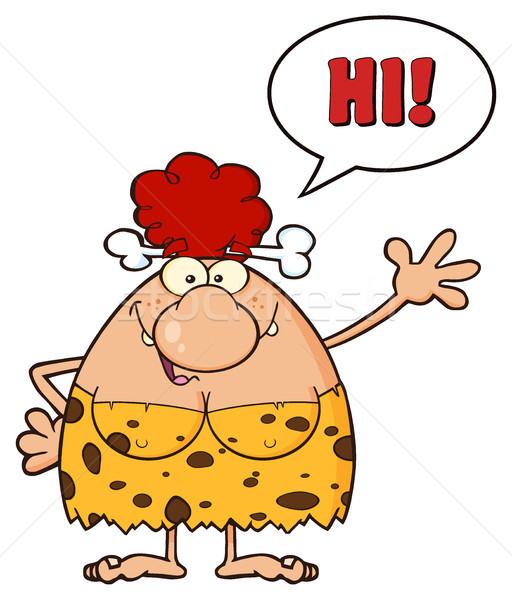 Happy Red Hair Cave Woman Cartoon Mascot Character Waving And Saying Hi Stock photo © hittoon