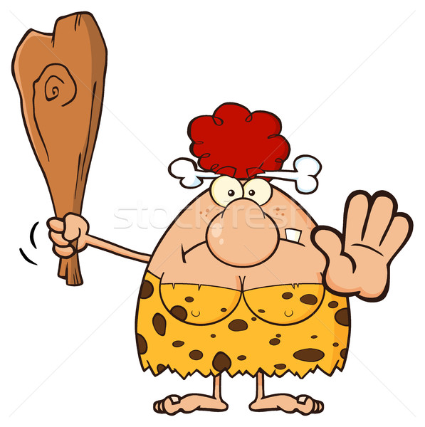 Angry Red Hair Cave Woman Cartoon Mascot Character Gesturing And Standing With A Club Stock photo © hittoon