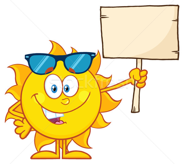 Summer Sun Cartoon Mascot Character With Sunglasses Holding A Wooden Blank Sign Stock photo © hittoon