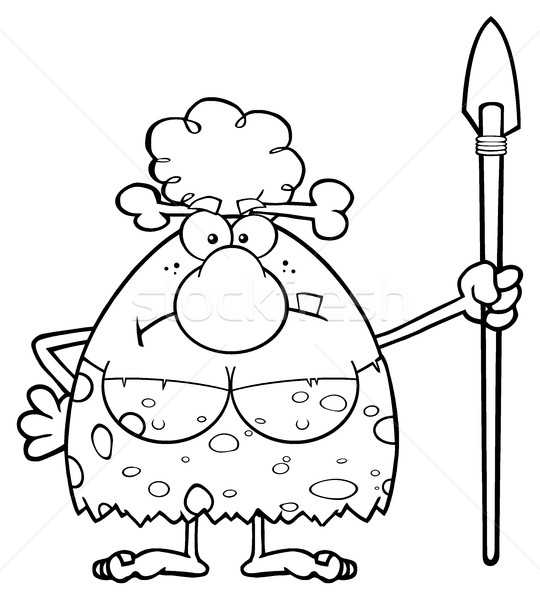 Black And White Angry Cave Woman Cartoon Mascot Character Standing With A Spear Stock photo © hittoon