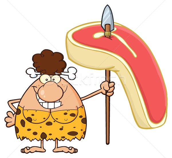 Smiling Brunette Cave Woman Cartoon Mascot Character Holding A Spear With Big Raw Steak Stock photo © hittoon
