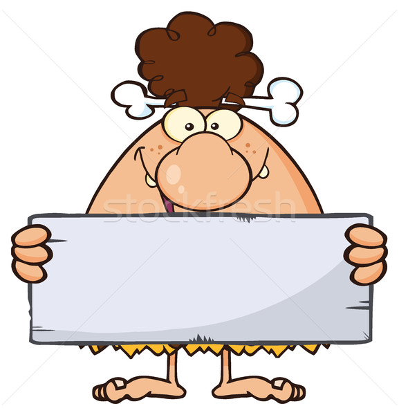 Goofy Brunette Cave Woman Cartoon Mascot Character Holding A Stone Blank Sign Stock photo © hittoon