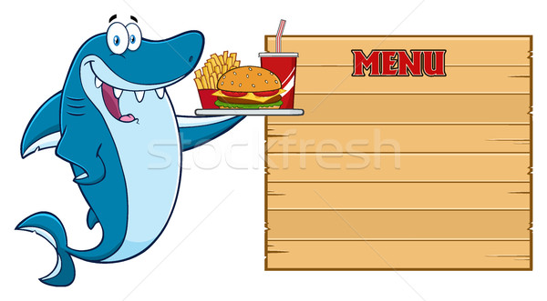 Cute Blue Shark Cartoon Mascot Character Holding A Platter With Burger, French Fries And A Soda To W Stock photo © hittoon