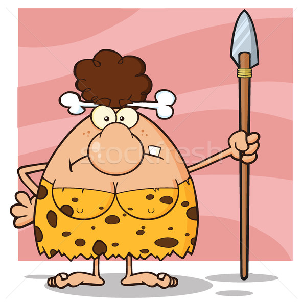 Grumpy Brunette Cave Woman Cartoon Mascot Character Standing With A Spear Stock photo © hittoon