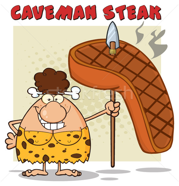 Smiling Brunette Cave Woman Cartoon Mascot Character Holding A Spear With Big Grilled Steak
 Stock photo © hittoon