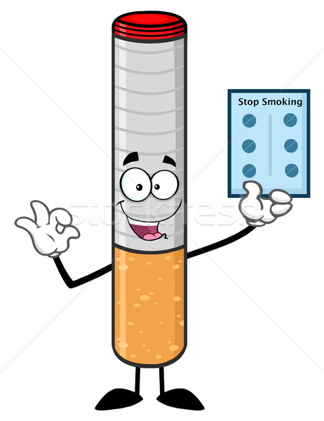 Talking Electronic Cigarette Cartoon Mascot Character Holding Up A Blister Pills For Stop Smoking Stock photo © hittoon