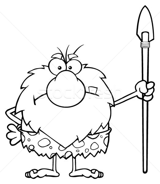 Black And White Angry Male Caveman Cartoon Mascot Character Standing With A Spear Stock photo © hittoon