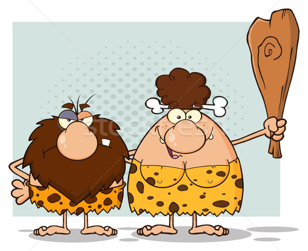 Caveman Couple Cartoon Mascot Characters With Brunette Woman Holding A Club Stock photo © hittoon