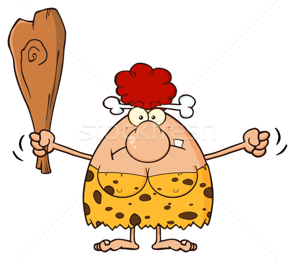 Stock photo: Grumpy Red Hair Cave Woman Cartoon Mascot Character Holding Up A Fist And A Club
