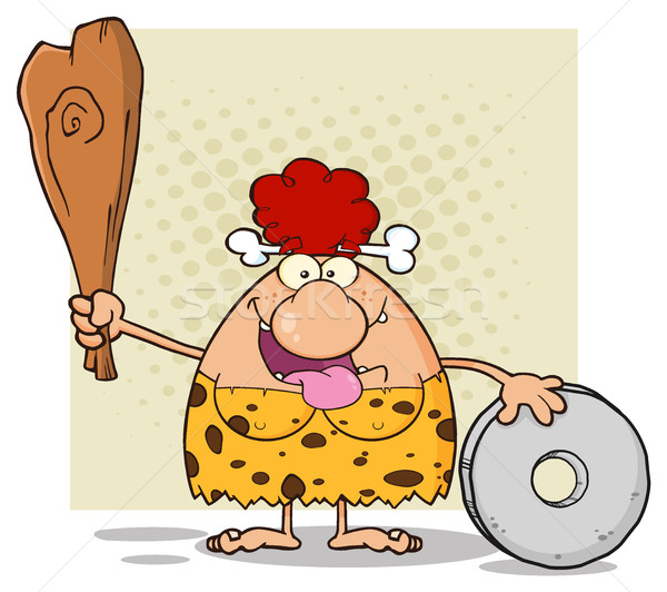 Happy Red Hair Cave Woman Cartoon Mascot Character Holding A Club And Showing Wheel Stock photo © hittoon