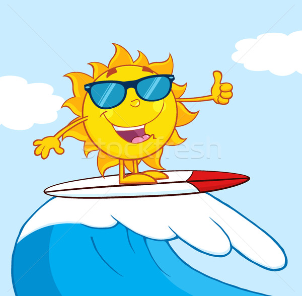 Surfer Sun Cartoon Mascot Character With Sunglasses Riding A Wave And Showing Thumb Up Stock photo © hittoon