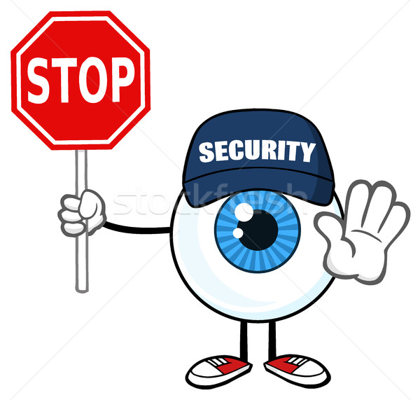 Blue Eyeball Guy Cartoon Mascot Character Security Guard Gesturing And Holding A Stop Sign Stock photo © hittoon