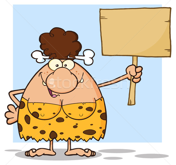 Happy Brunette Cave Woman Cartoon Mascot Character Holding A Wooden Board Stock photo © hittoon