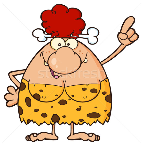 Stock photo: Smiling Red Hair Cave Woman Cartoon Mascot Character Pointing