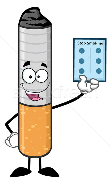 Talking Cigarette Cartoon Mascot Character Holding Up A Blister Pills For Stop Smoking Stock photo © hittoon