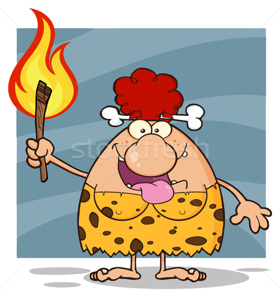 Crazy Red Hair Cave Woman Cartoon Mascot Character Holding Up A Fiery Torch Stock photo © hittoon